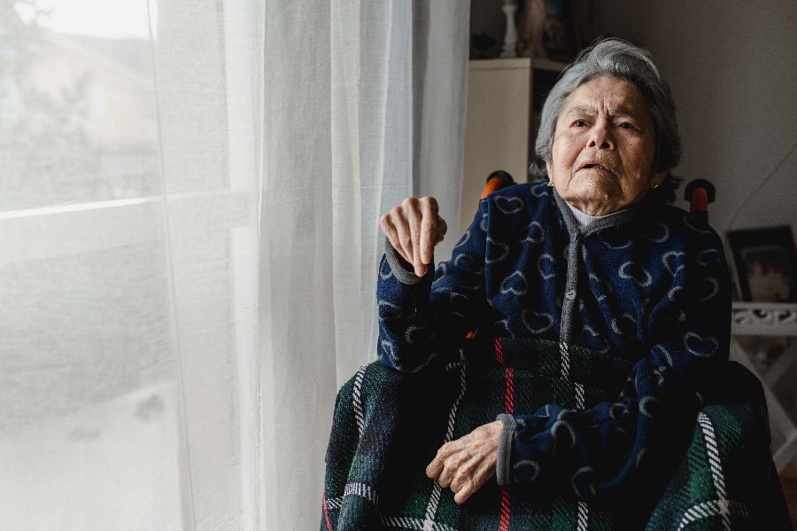 Portrait of an elderly woman sitting in a wheelchair next to a window