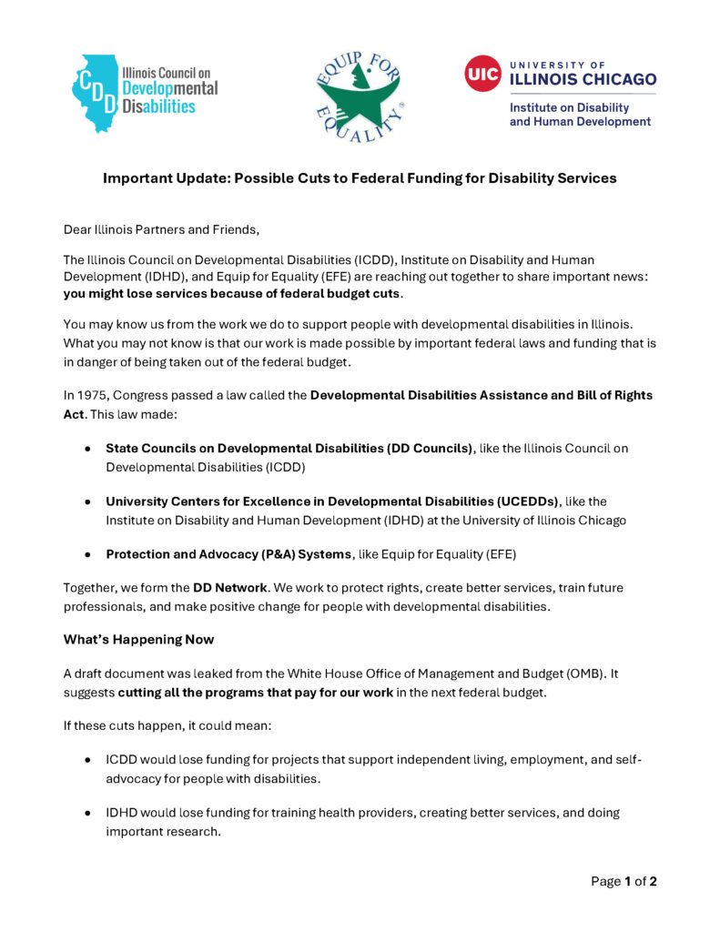 Image of a letter. At the top are three logos: Illinois Council on Developmental Disabilities; Equip for Equality; University of Illinois Institute on Disability and Human Development