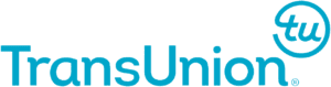 Blue text logo for TransUnion with circular tu on the right side
