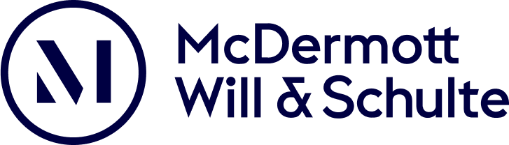 Logo for McDermott Will & Shhulte. A stylized M in a circle next to the firms name.