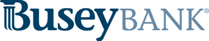 Logo for Busey Bank with dark and light blue lettering