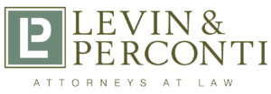 Levin & Perconti Attorneys at law low. Stylized LP in a green box next to the firm's name