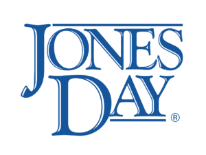 Blue text reading Jones Day with thin horizontal lines at the top and bottom