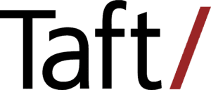 Logo for Taft law firm which is black lettering saying Taft followed by a red slash